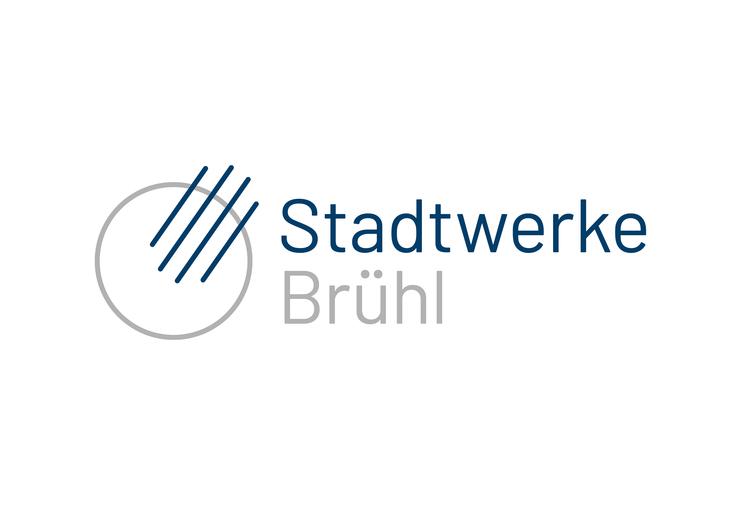 Logo der Stadtwerke Brühl, bestehend aus einem grauen Kreis und blauen Schriftzug „Stadtwerke Brühl“.