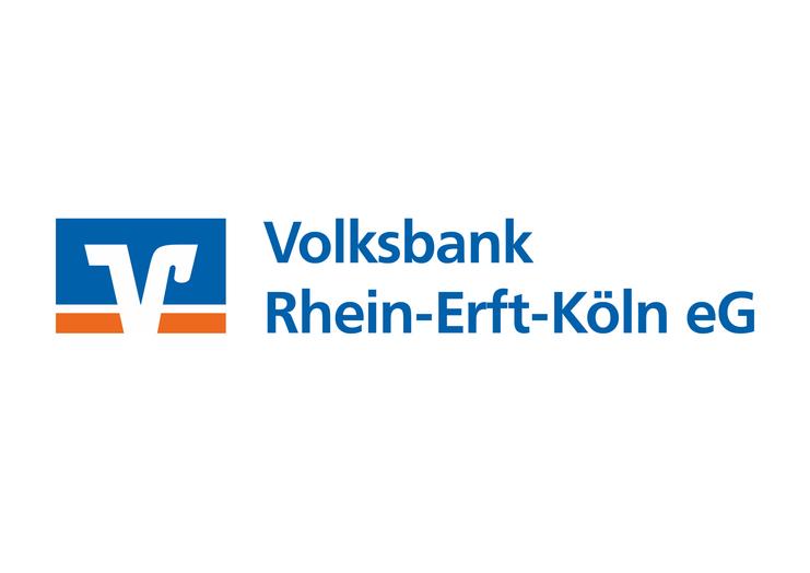 Logo der Volksbank Rhein-Erft-Köln eG mit stilisierter „V“-Darstellung und Schriftzug in Blau und Orange.