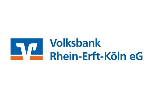 Logo der Volksbank Rhein-Erft-K&ouml;ln eG mit stilisierter &bdquo;V&ldquo;-Darstellung und Schriftzug in Blau und Orange.