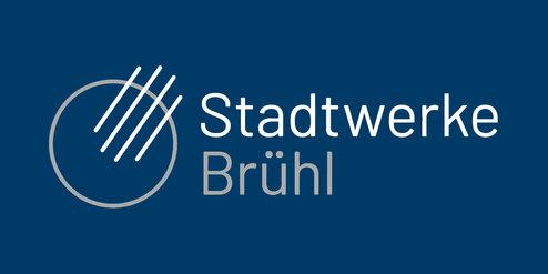 Logo der Stadtwerke Brühl auf blauem Hintergrund mit grauem Kreis und mehreren senkrechten Linien.