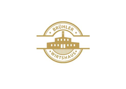 Logo des Brühler Wirtshauses in goldener Farbe, stilisierte Darstellung eines Gebäudes in der Mitte.