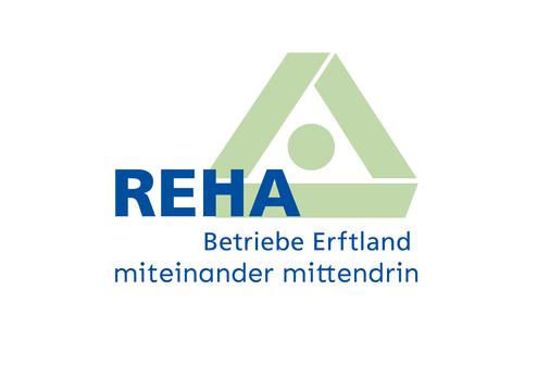 Logo der REHA Betriebe Erftland, bestehend aus einem Dreieck und einem Kreis in Grün und Blau mit Schriftzug darunter.