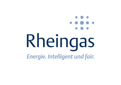 Logo von Rheingas mit Slogan "Energie. Intelligent und fair." in blauer Schrift auf weißem Hintergrund.