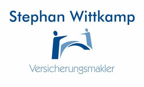 Logo von Stephan Wittkamp, Versicherungsmarkler, mit stilisierten Figuren und blauen Schriftzügen auf weißem Hintergrund.