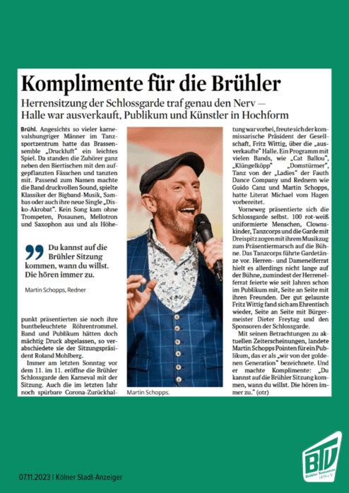 Artikel mit Titel "Komplimente für die Brühler", berichtet über eine Veranstaltung der Schlossgarde in einer ausverkauften Halle.
