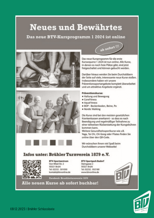 Anzeige für das BTV-Kursprogramm 2024 mit Kursangeboten und Kontaktinformationen. Fünf Personen mit Yogamatten posieren.